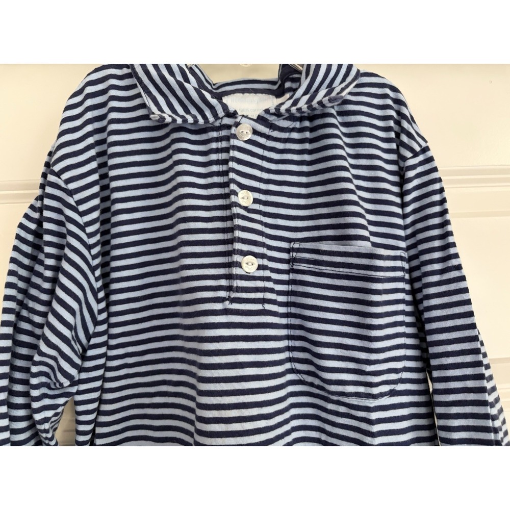 LITTLE ENGLISH Striped Knit Polo Shirt Boys Size 6X Navy Light Blue Long Sleeve